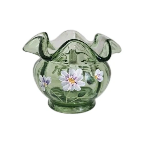 Vtg Fenton Green Glass Vase Handpainted by S. Waters Ruffled Top Floral Design