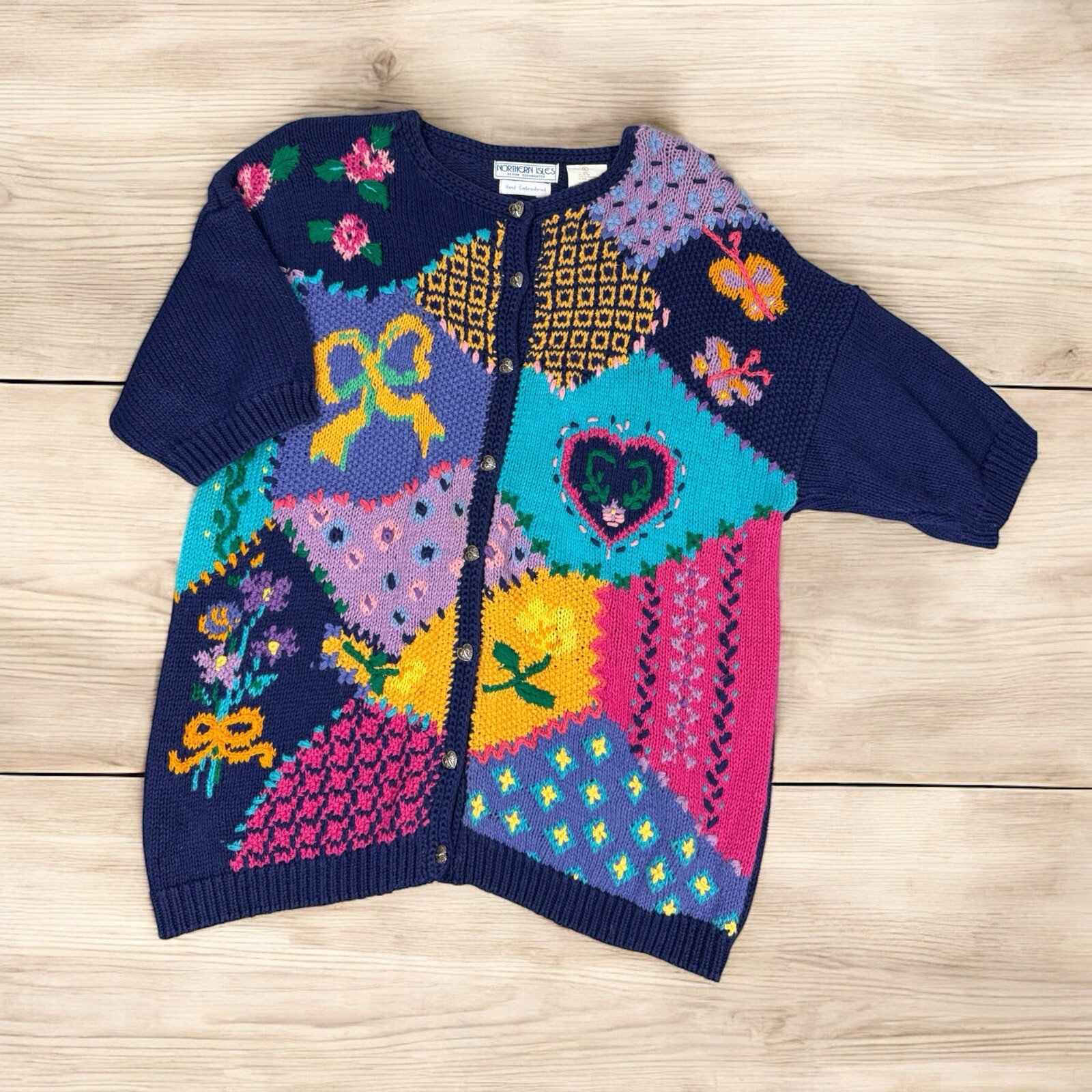 Patchwork Flower Button Up Knit Cardigan Sweater … - image 1
