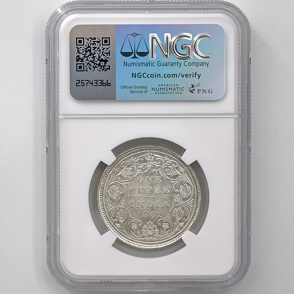 1862 (M) British India Queen Victoria 1 Rupee Silver Coin NGC MINT