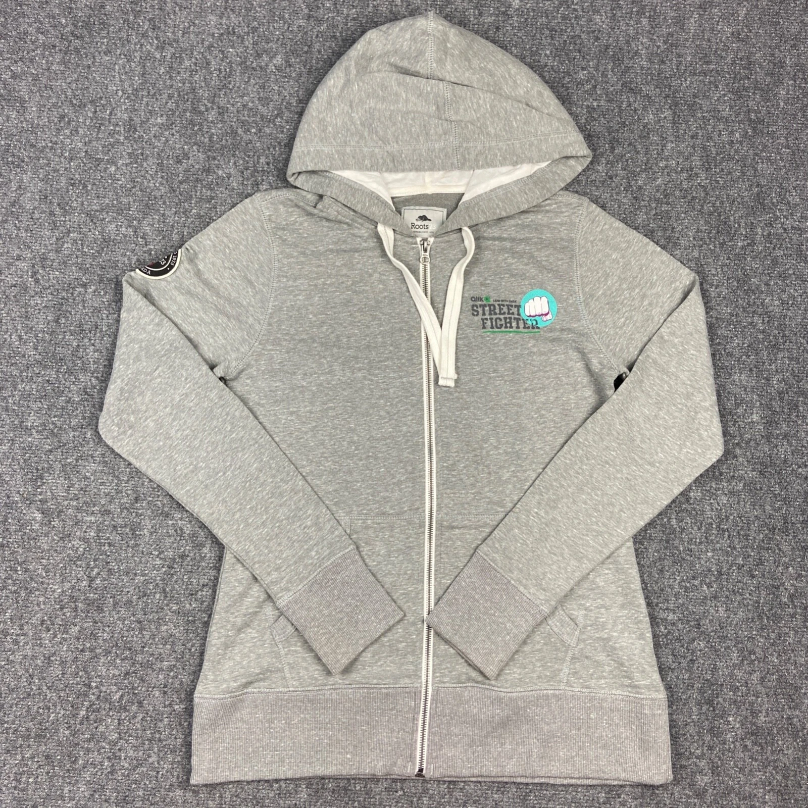 Roots Hoodie Womens Medium Grey Sweatshirt Full Zip Ribbed Hem Cuffs Logo