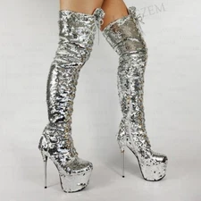 Women Over Knee High Platform Boots Bling Sequined Metal Stiletto High Heels