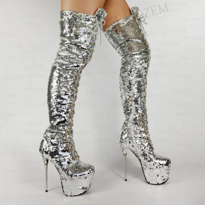 Women Over Knee High Platform Boots Bling Sequined Metal Stiletto