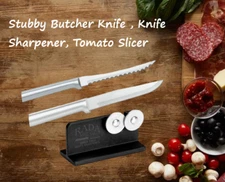 Rada 3 Pc Set Stubby Butcher, Knife Sharpener, & Tomato Slicer (Silver Handle)