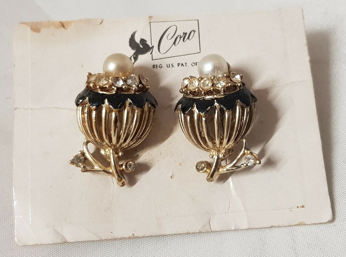 Boucles D'oreilles Anciennes Signées CORO - Perles Imitation & Métal Argenté - Fermoir à Vis - Occasion
