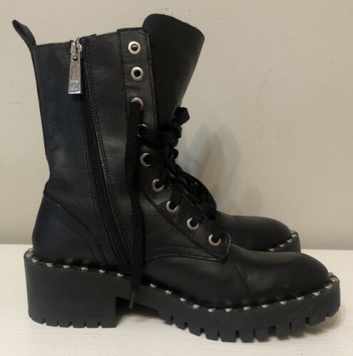 Zara Wmn Black Leather Studded Round Lace-up Combat Boots 6US EUR 36 - Picture 1 of 8