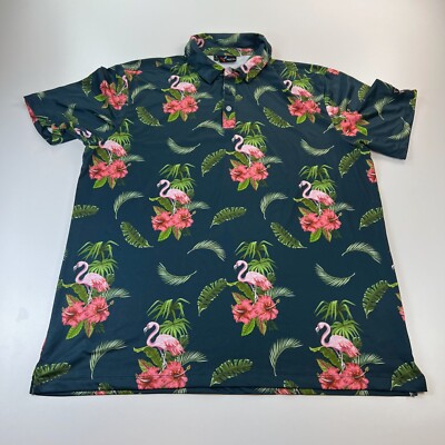 Yatta Golf Polo Shirt Mens Extra Large XL Flamingo All Over Print Stretch Funny