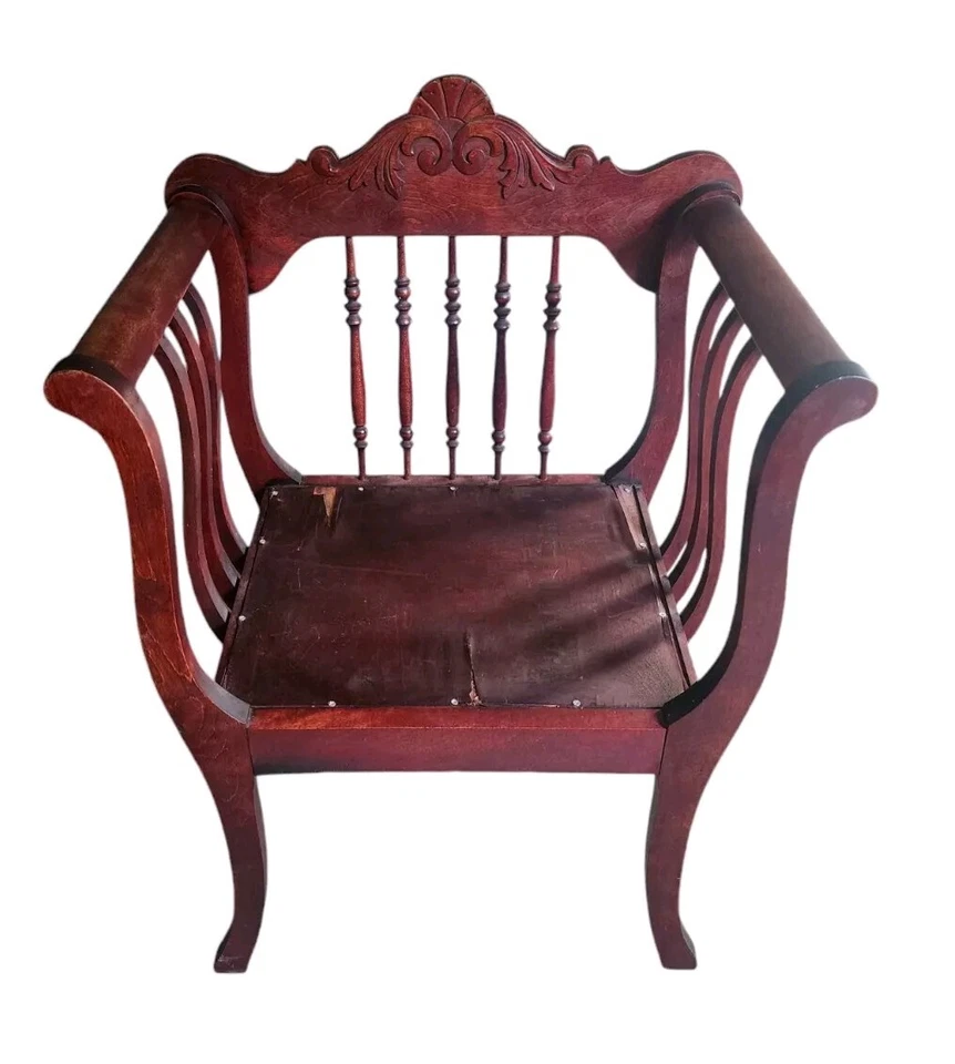 Antique Victorian Renaissance Revival Solid Cherry Wood Curved Opem Arm Chair  - Image 2 of 4