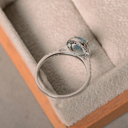 3.Ct Oval Cut Simulated Aquamarine Lovely Halo Wedding Ring 14K White Gold solid - Picture 5 of 6