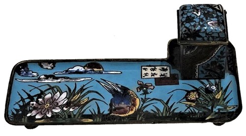 Chinese Art Deco Enameled Bronze Inkwell w/ Bird and Flower Motif, ca. 1920 - Picture 3 of 9
