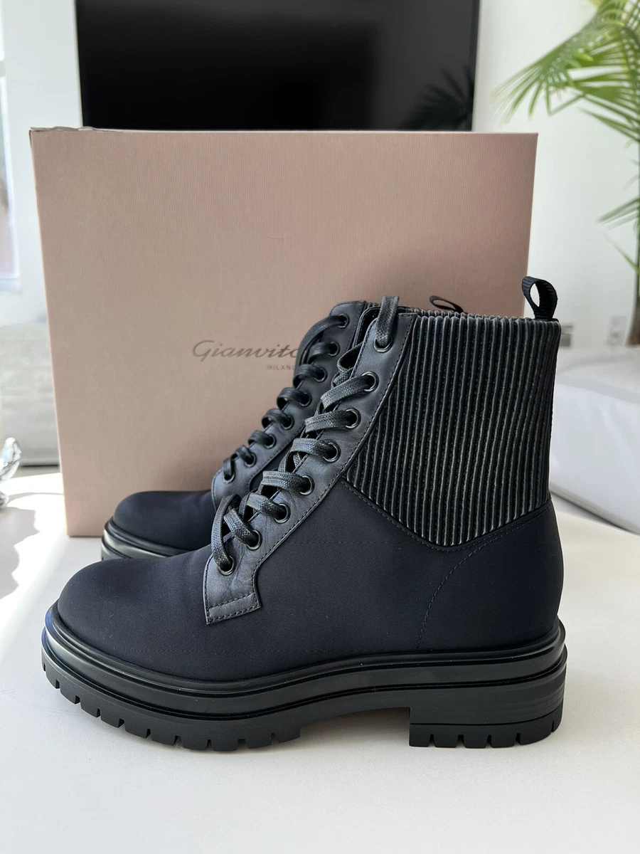 $1.2K Gianvito Rossi Martis Black Combat Nylon Leather Ankle Lace Up Boots  37.5