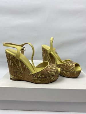 Jimmy Choo Prova Yellow Leather Cork Wedge Sandals Size 37.5 38 Cutout Palm Peep