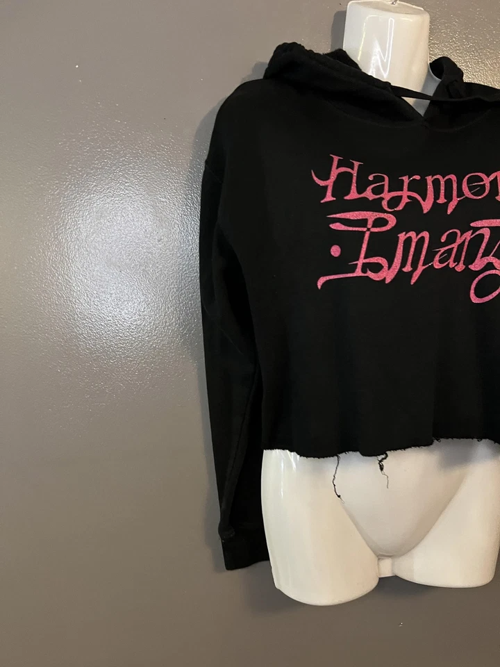 Harmony Emani Hoodie Womens Small Black Cropped Distressed Streetwear Graphic - Image 3 of 4