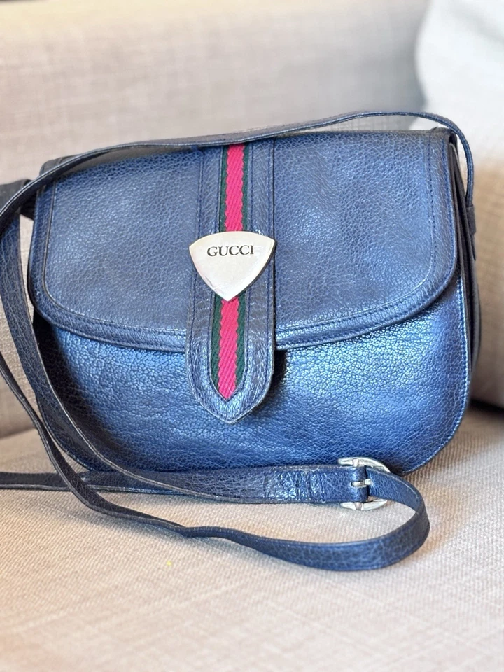 Borsetta Gucci Vintage Leather Handbag Blue Navy. - Immagine 3 di 4