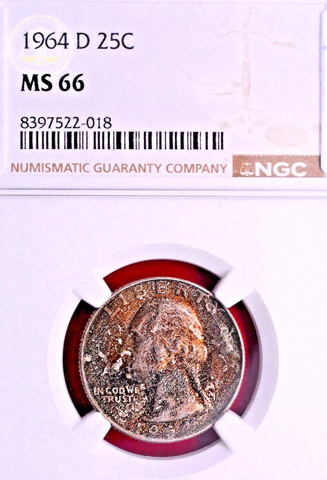 NGC MS-66 RAINBOW TONING! 1964-D WASHINGTON QUARTER - Image 2 of 3