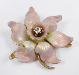 4.52g Antique Victorian Iridescent Enamel 14k Solid Gold Diamond FLOWER Brooch