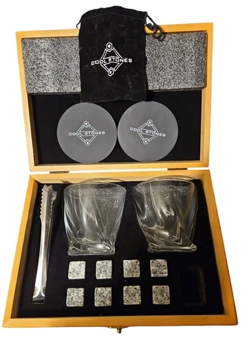 Cool Stones Whiskey Stones Gift Set w/ Glasses, Tongs & Coasters – Wooden Case