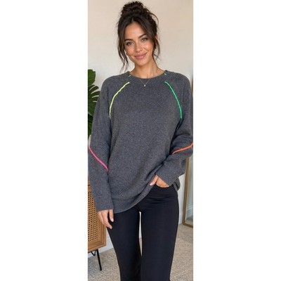 Lisa Todd Gray Knit Sweater Colorful Stripe Sleeve Detail Crewneck L Soft Luxe