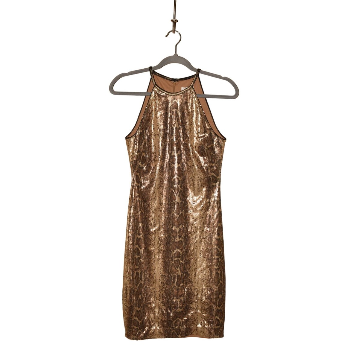 CACHE $158 Gold/Brown Sequin Snake Print Halter Neck Sheath Dress