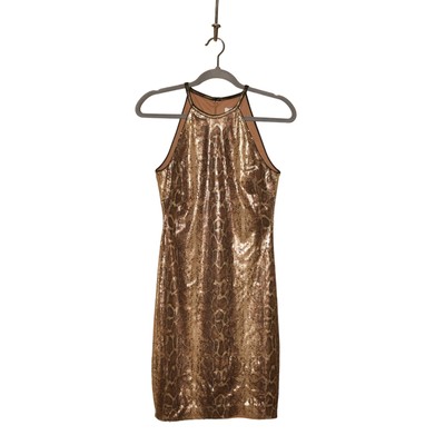 CACHE $158 Gold/Brown Sequin Snake Print Halter Neck Sheath Dress Size 2 |  eBay