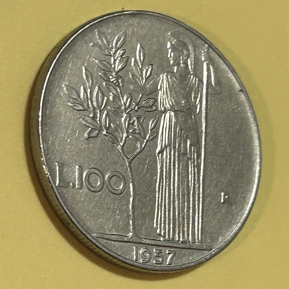Moneda europea R italiana L100 1957 doble troquel Foto 3 de 4