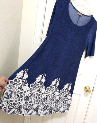 NEW Women SJS STRETCHY BOHO A-Line Dress Large Blue White Texture Hem Denim Look