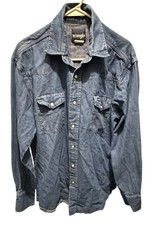 Vintage Wrangler Pearl Snap Mens Large Blue Denim Shirt X-Long Tails 17-35 L