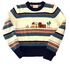 Vintage Kid s Sweater Size L Village Embroidery Korea Acrylic Striped Unisex