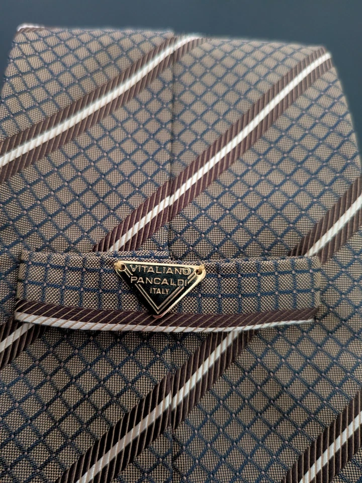 Vitaliano Pancaldi 100% Silk Tie Geometric Brown Gold Tam Stripe Check Italy 60" - image 4 of 4