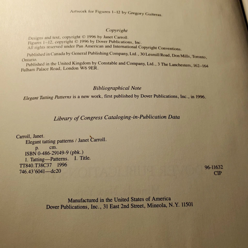 Dover Elegant Tatting Patterns Book Janet Carroll Tatting Patterns 1996 - Image 4 of 4