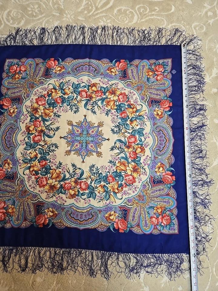 Platki Ru Blue Floral Meadows 100% Wool Scarf Made In Russian - Image 3 of 4