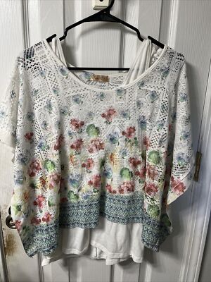 Lavish Womens Crochet Lace Shirt Cream White w/ Roses Flowers Size Women Large