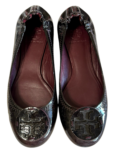 Tory Burch Reva Pull Up Naplak Plum Ballet Flat Patent Leather Shoes Womens 7 - Picture 3 of 14