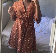 Pretty Little Thing Orange/ brown Polka Dot Tea Dress Size 8