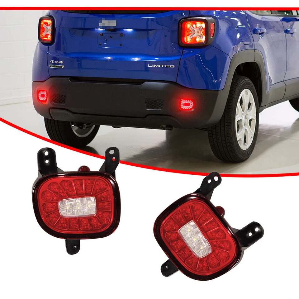 3D LED Rear Bumper Reflectors Fog Tail Backup Lights For 2015-2022 Jeep Renegade - Image 3 of 4