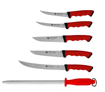 Metzgermesser-Set 6-tlg.-Ausbein-Stech-Fleischer-Zerlegemesser, Wetzstahl RED