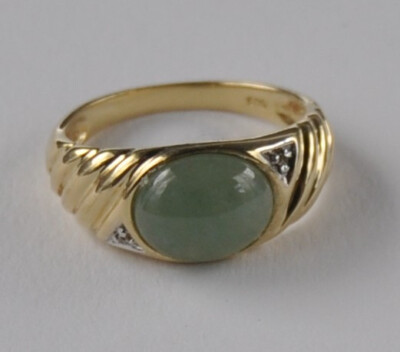 Solitär Band Ring Jade Aventurin Diamant 585 Gold massiv