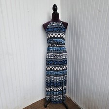 Timing Stunning Sleeveless Geo Maxi Dress Front Slit Crimple Stretch Halter Sz S