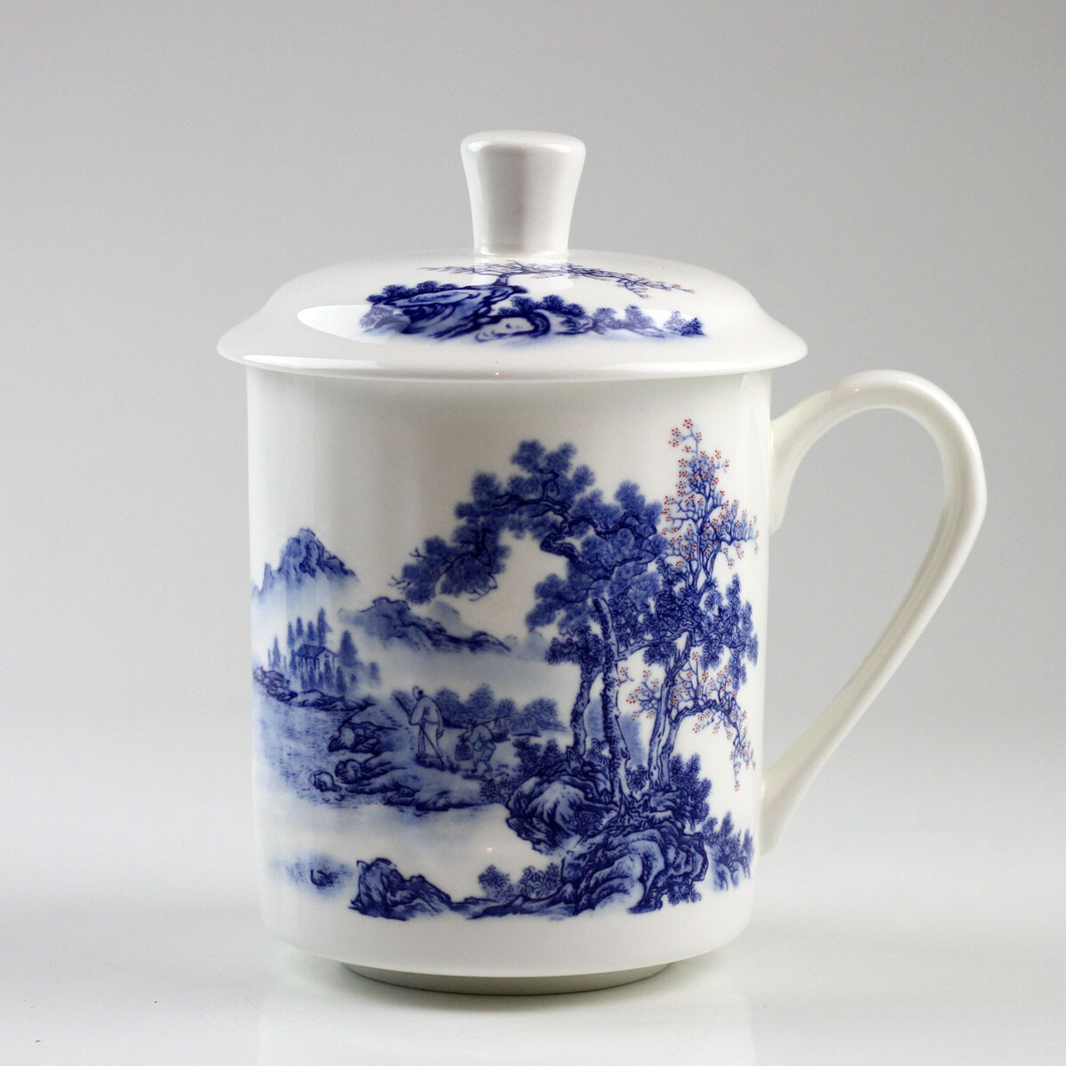 Chinesische Teetasse "Landschaft", Deckel-Tasse 500 ml, blau-weißes Porzellan