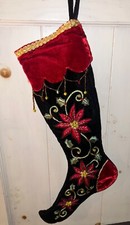 VELVET EMBROIDERED POINSETTIA JEWELED VICTORIAN STOCKING