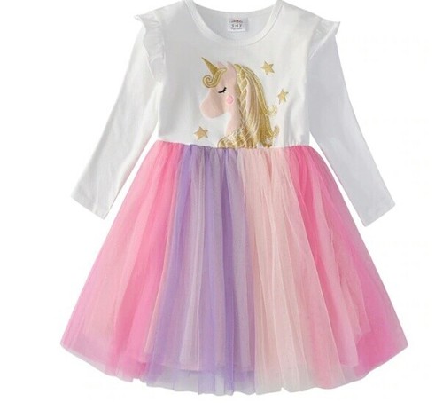 Abito bambina Unicorno 3-8 anni cotone raso brillante tulle feste Disney  girl | eBay