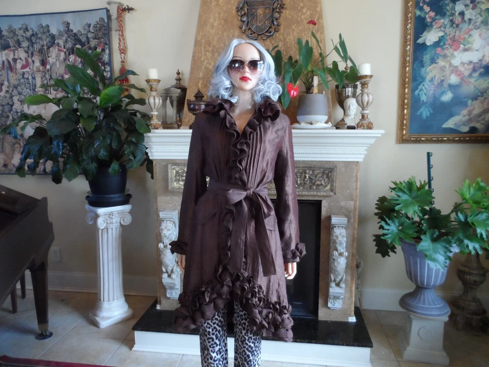 New Samuel Dong Chocolate Brown Rayon Ruffle Trench Coat Size M - Image 3 of 4