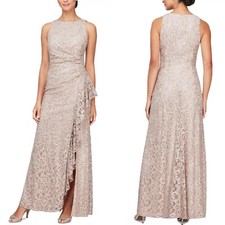 NEW ALEX EVENINGS Buff SEQUIN LACE Cascading Ruffle RUCHED Slit EVENING GOWN 6
