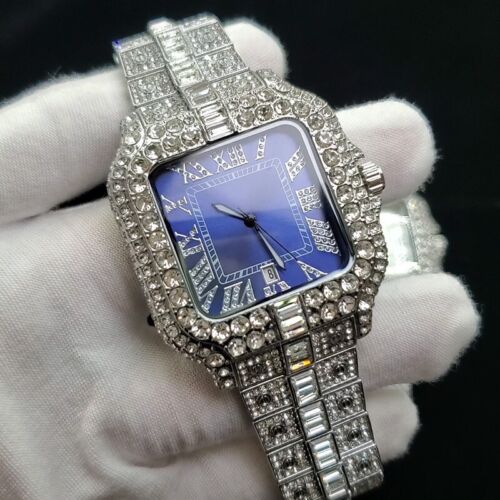 Orologio Uomo Hip Hop Lusso Completamente Ghiacciato Bling Diamante Argento Blu Quadrato - Foto 5 di 5
