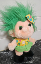 Vintage Trolls Plush Doll 1992 Trolio Troll Green Polka Dot Dress & Hairbow 10”