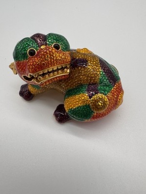 Vintage  Chinese Foo Dog minaudière Vibrant Multicolor Trinket