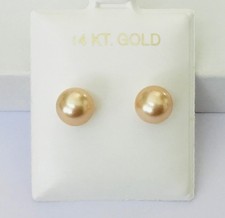 8 - 9 mm Golden South Sea Pearl In Solid 14k Yellow Gold Stud Earrings NEW