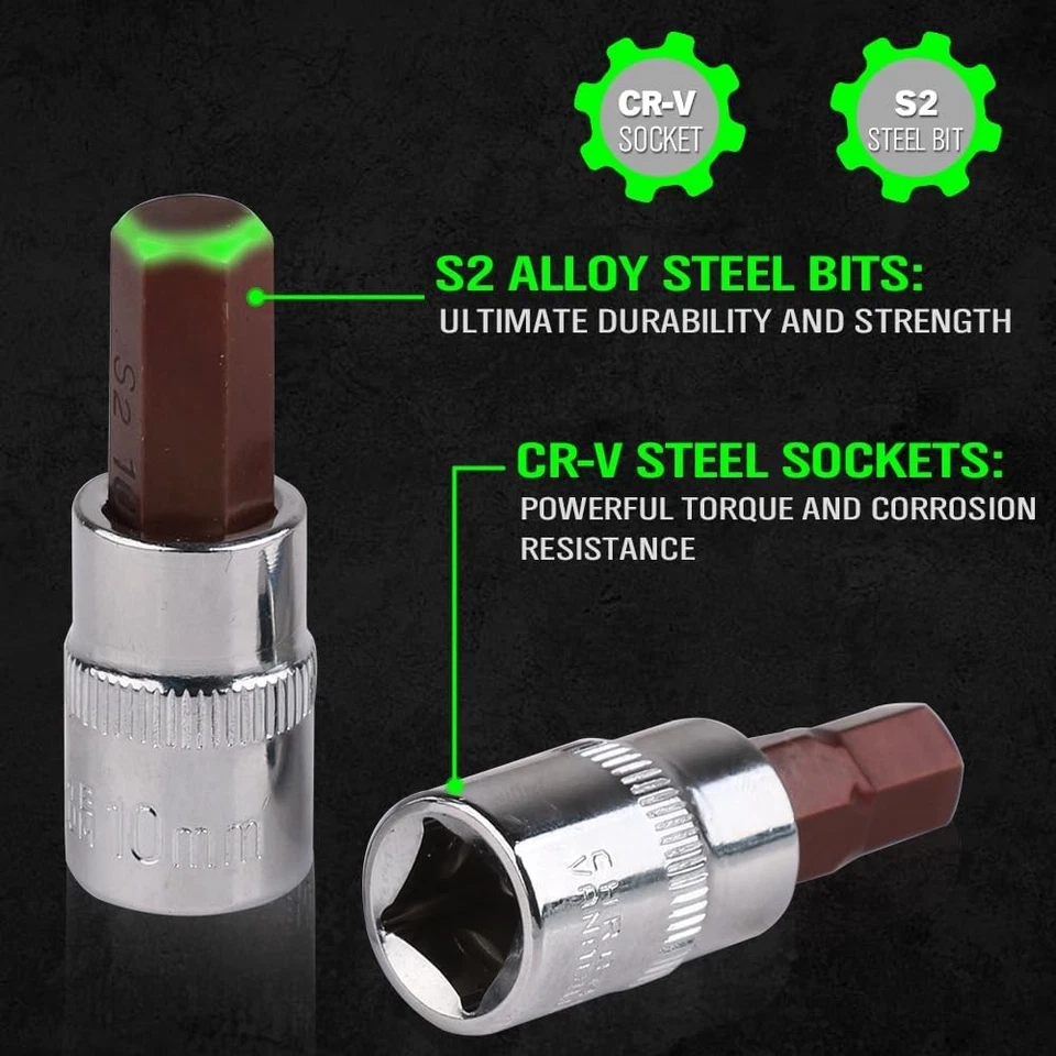 Juego de enchufes Allen de 32 piezas de brocas hexagonales SAE y métricas de 1/4"" 3/8' 1/2"" juego de enchufes de accionamiento S2 Foto 4 de 4