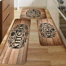Wood Grain Design Kitchen Mat, Flannel, Non-Slip, for Kitchen, Bathroom, Laundry