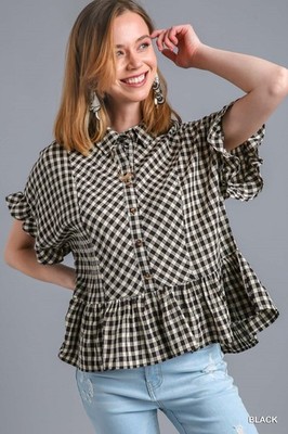 Umgee Black Soft Gingham Collared Top Short Ruffle Bell Sleeve