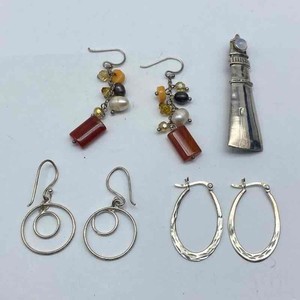 Sterling Silver 925 Jewelry Lot Carnelian Pearl Earrings & Lighthouse Brooch 14g